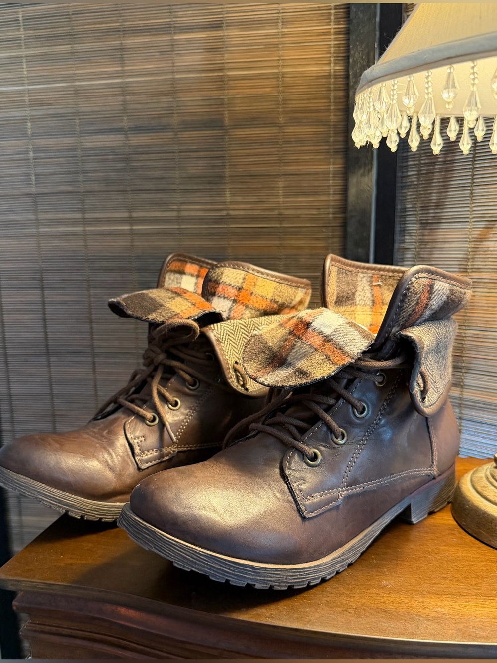 Rock & Candy Brown Plaid Fold Over Combat Boots Women’s 7.5 Lace Up Lug Sole